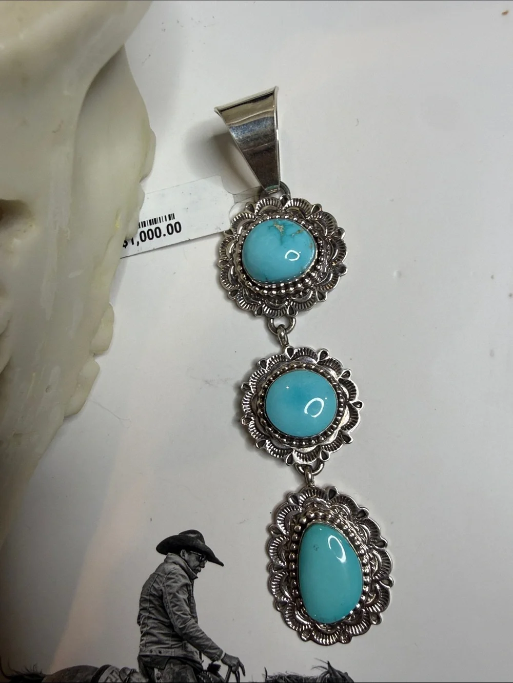 Three Stone Dangle Pendant Lone Mountain Turquoise Stamp Eula Wylie - 9.25 SS